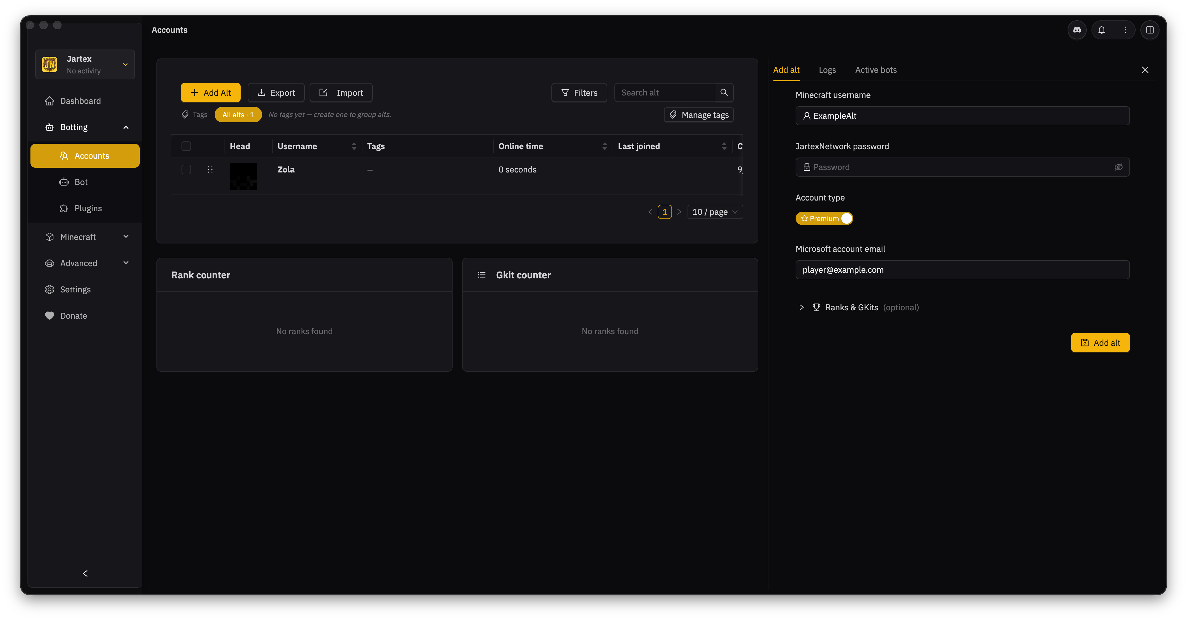 The Add Alt panel on the Accounts page, with the username, password, account type, and optional ranks and GKits fields