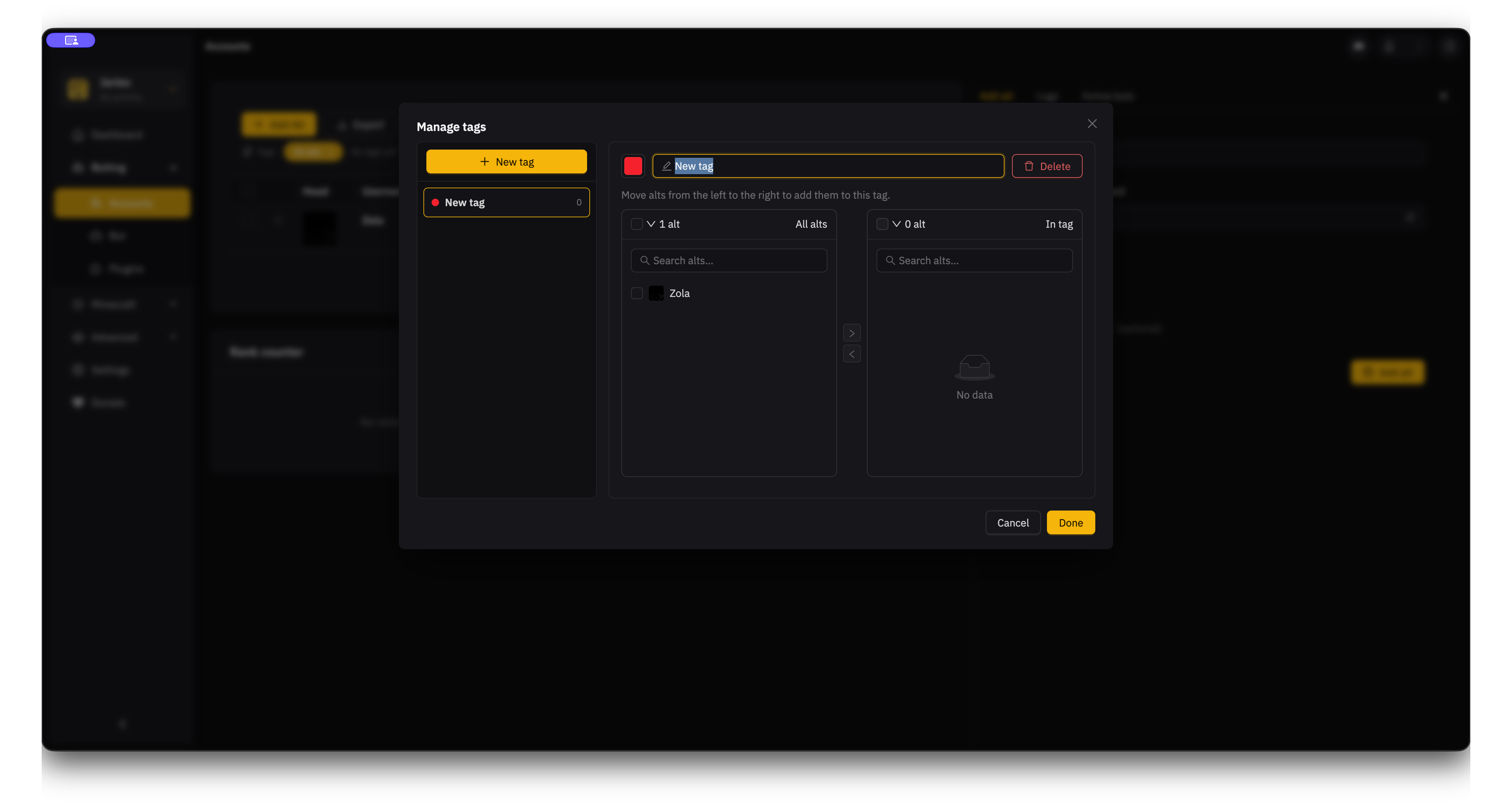 The Manage tags window, with available alts on the left and alts assigned to the tag on the right