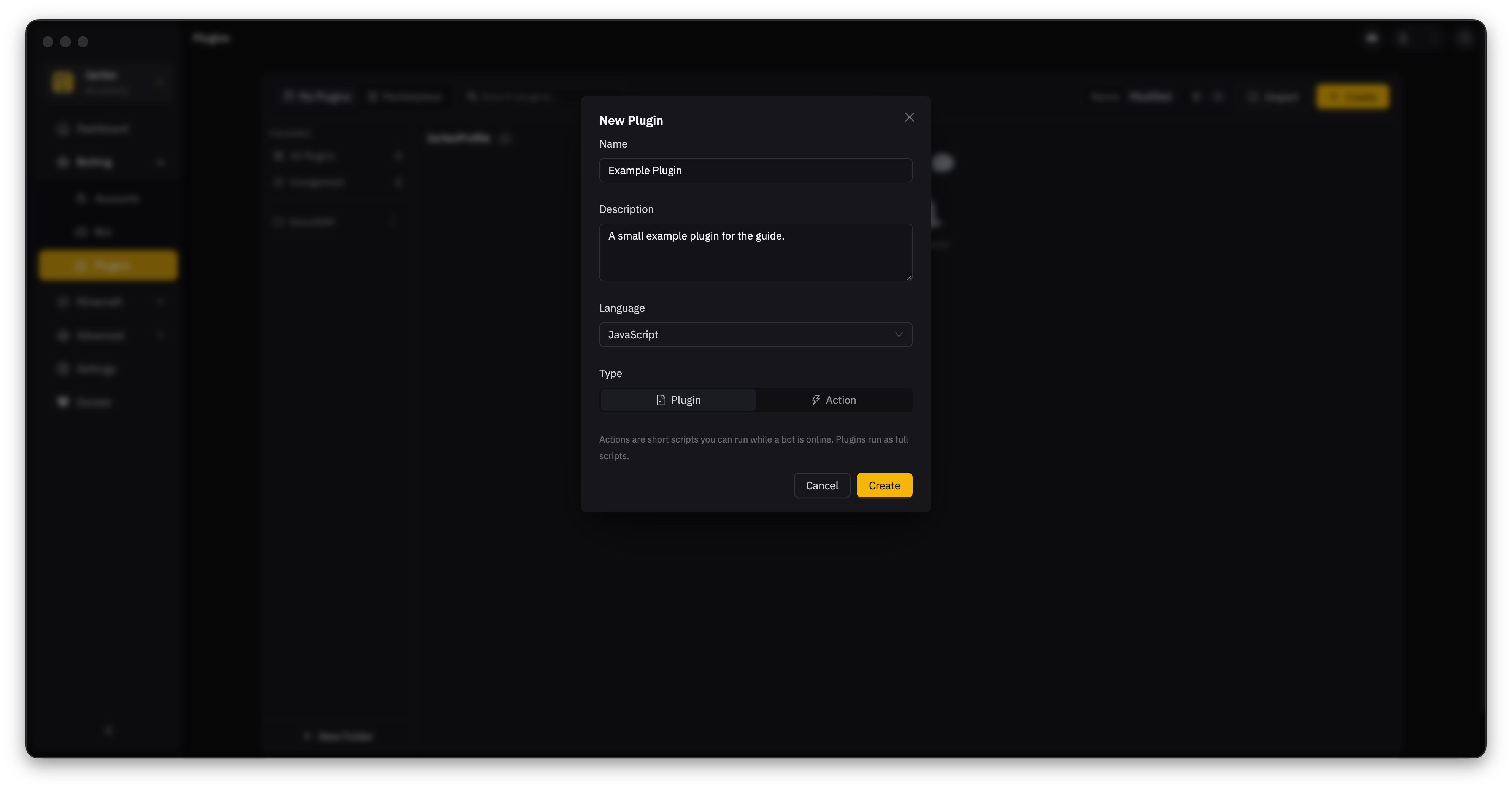 The New Plugin dialog with an example name and description, JavaScript selected, and Plugin selected as the type