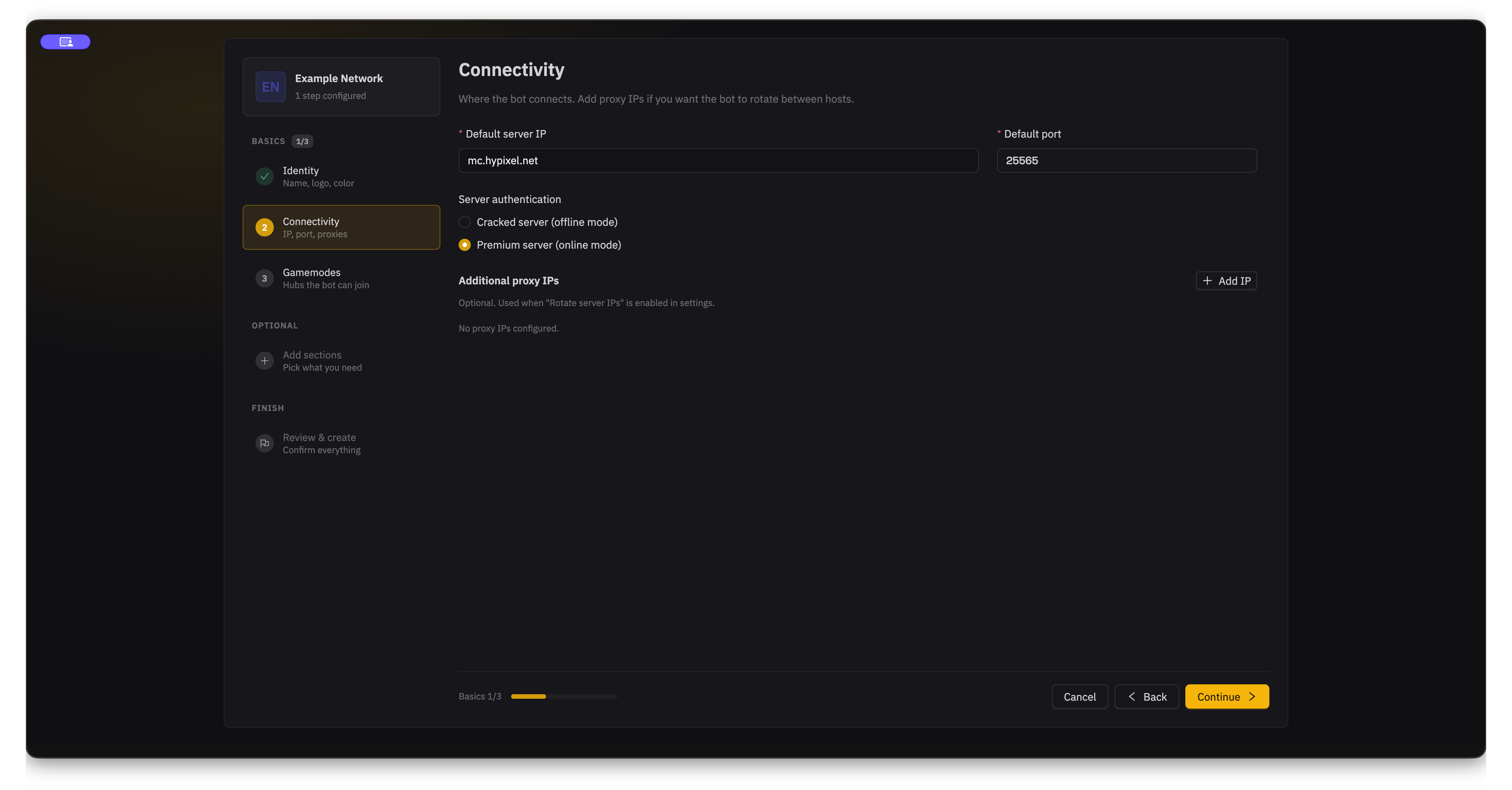 The Connectivity step filled with the Hypixel address, port 25565, and premium server authentication