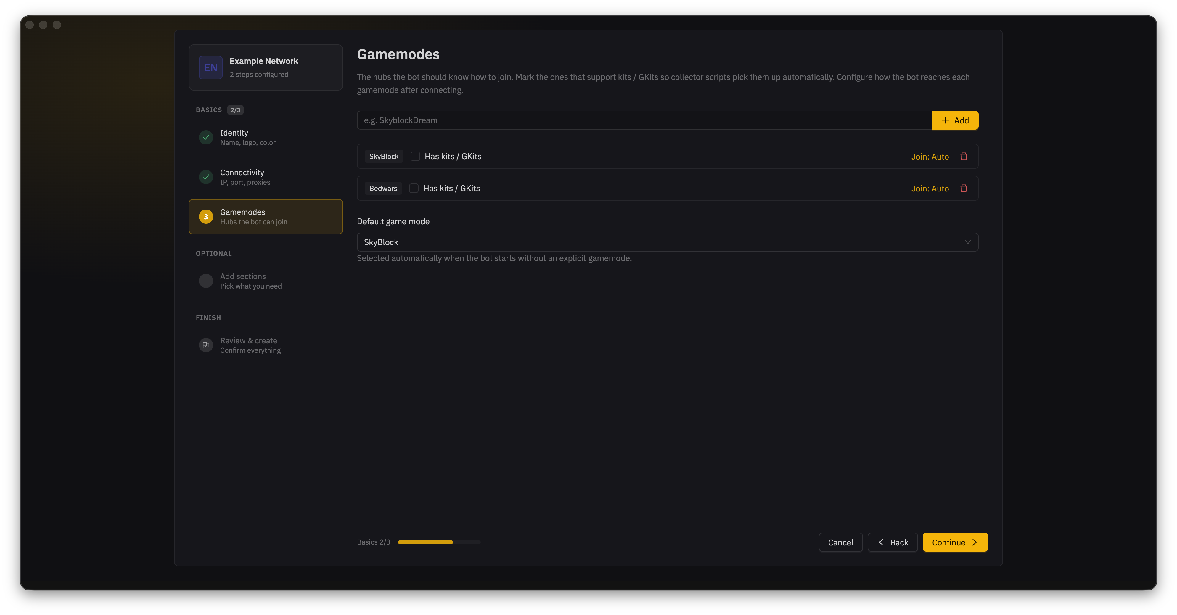 The Gamemodes step with SkyBlock and Bedwars added for the example server