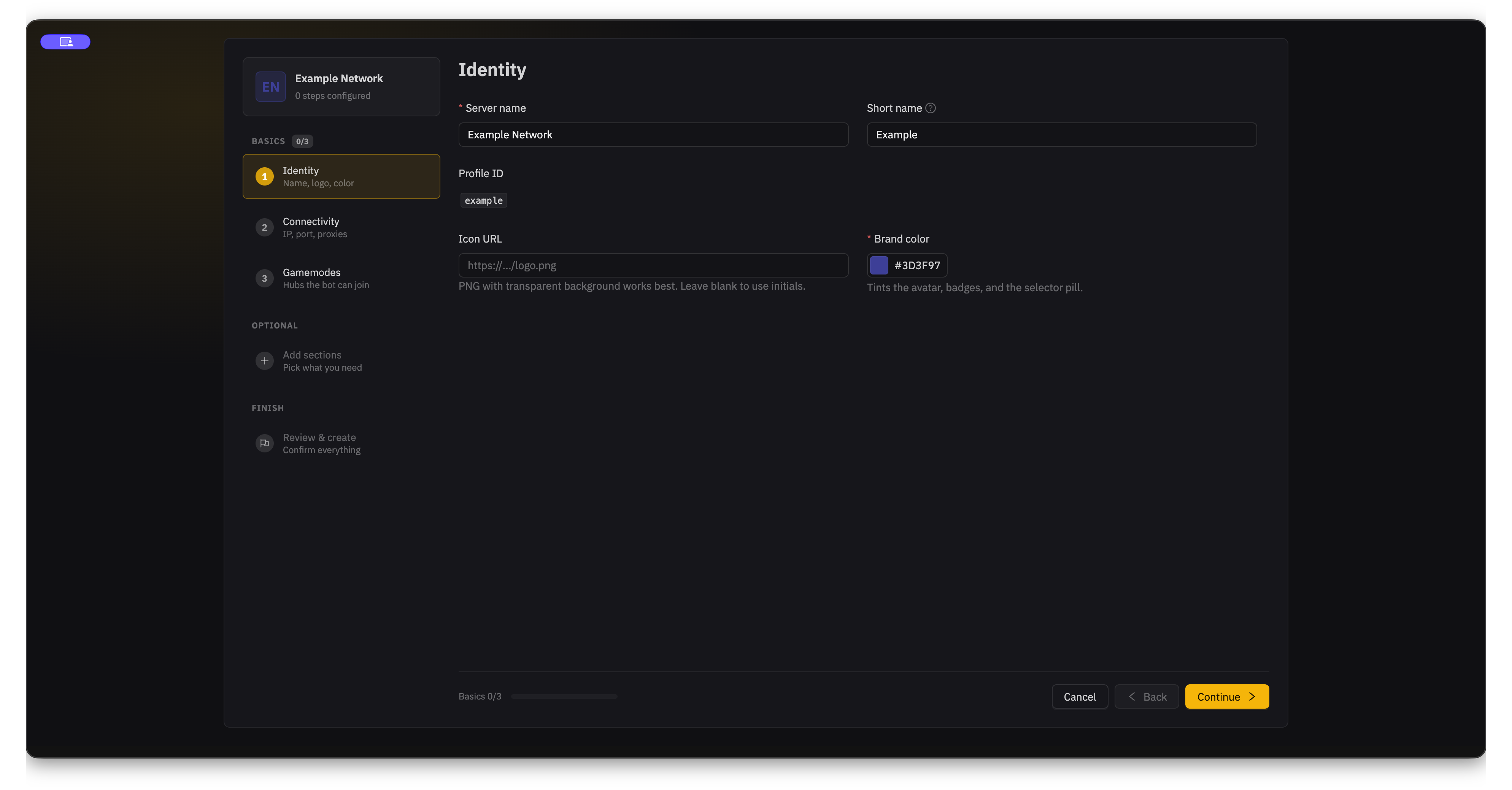The profile wizard Identity step with Example Network entered as the server name and Example as the short name