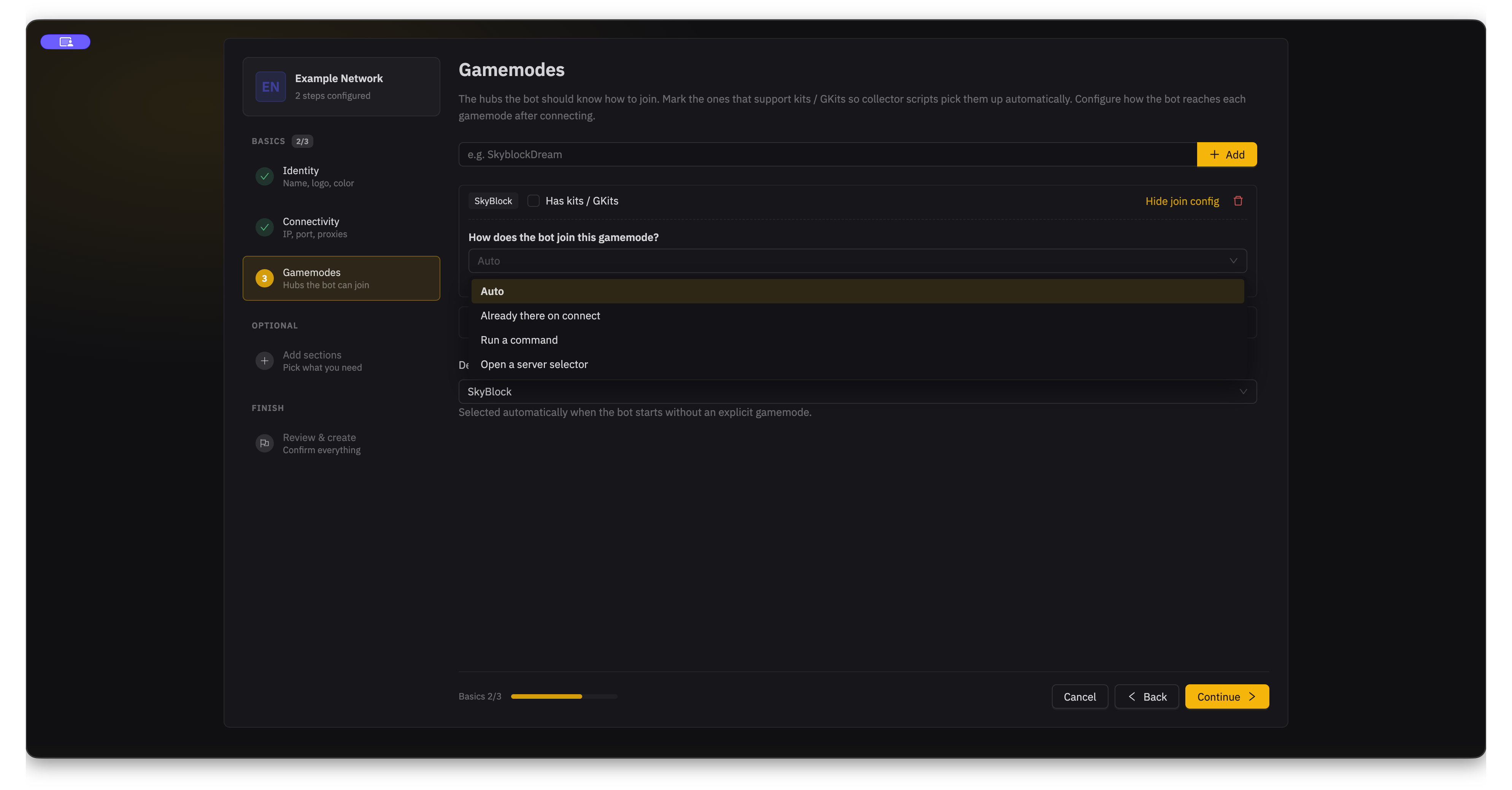 The gamemode join menu with Auto, Already there on connect, Run a command, and Open a server selector options