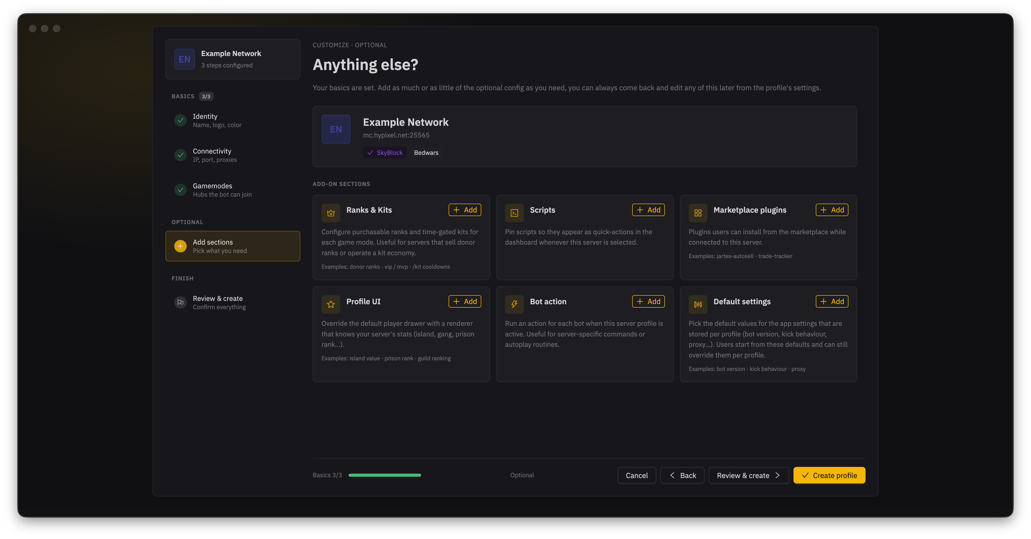 The Anything else screen with the Example Network profile and optional sections for ranks and kits, scripts, marketplace plugins, profile UI, bot actions, and default settings