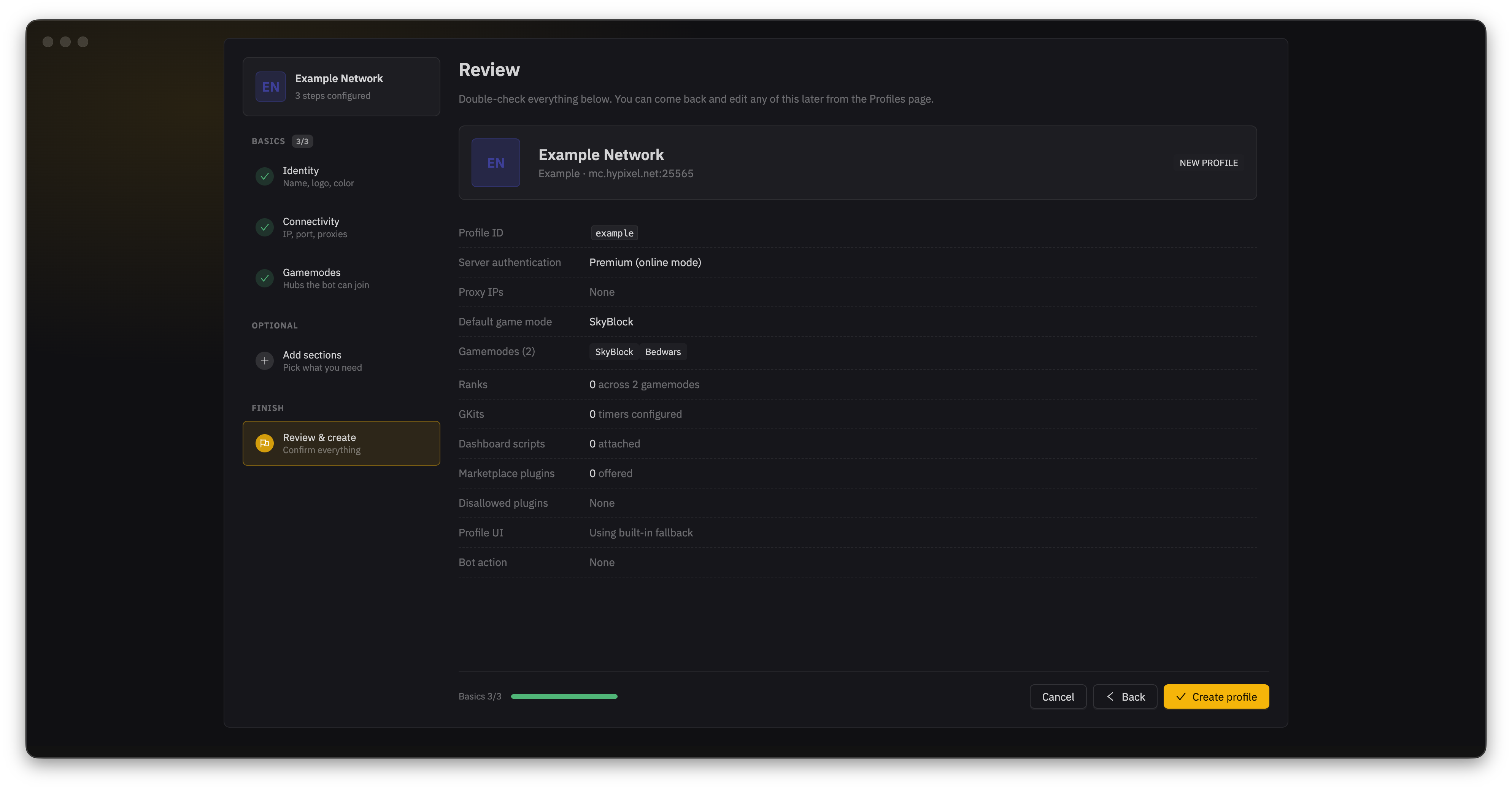 The profile review screen showing the Example Network address, premium authentication, and selected gamemodes