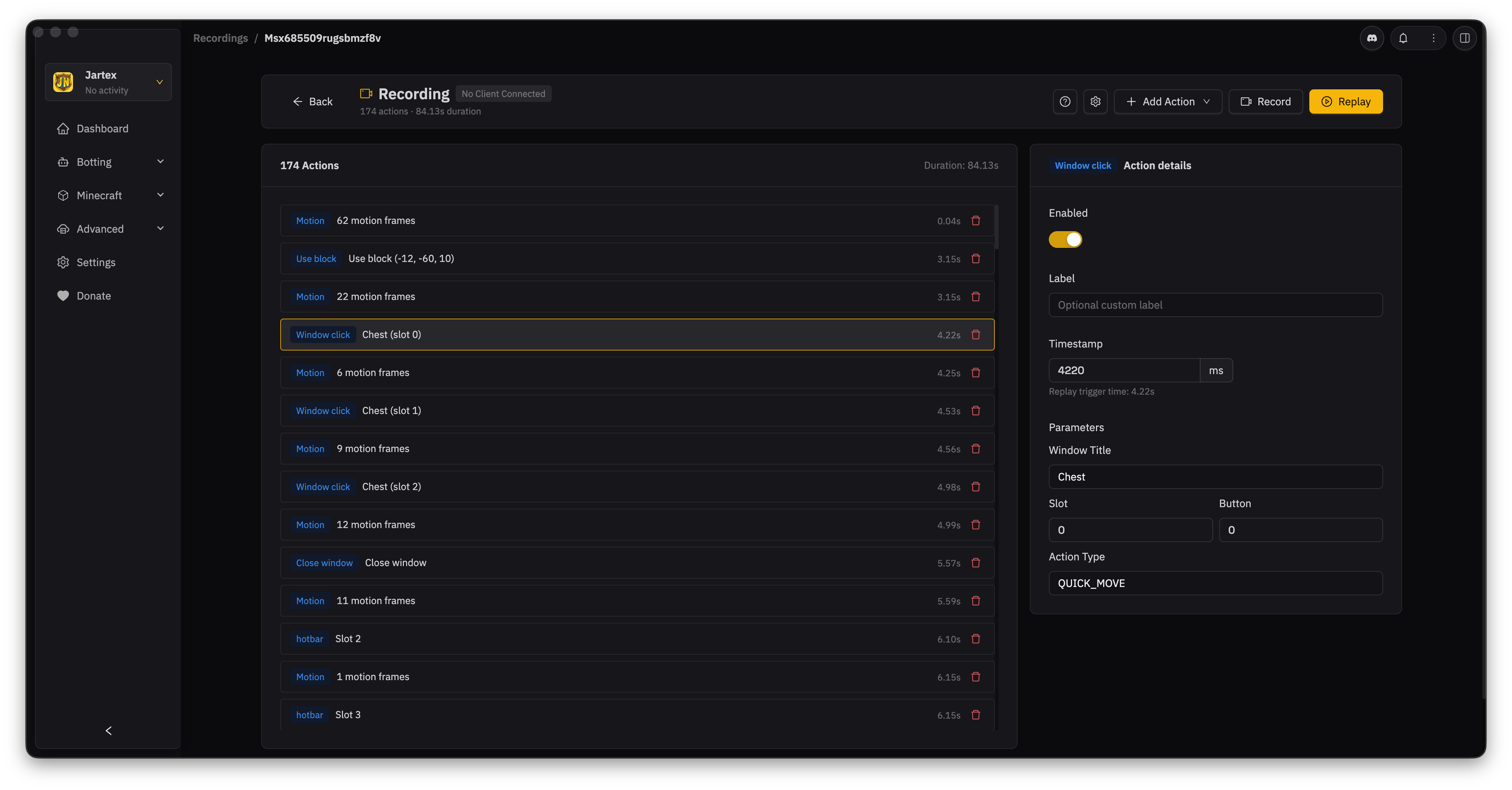 The recording editor with a window click action selected and its timing and settings shown in the details panel