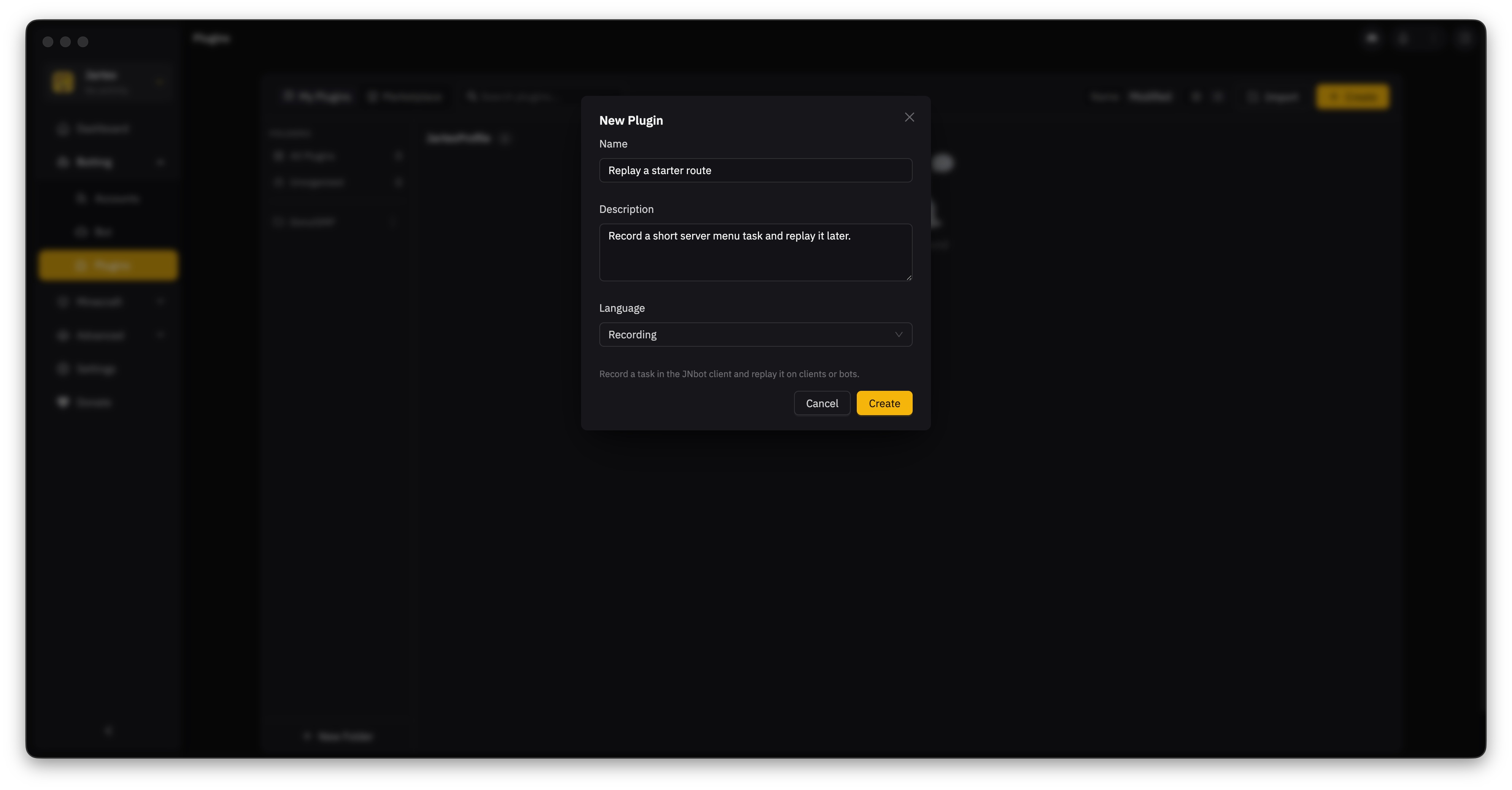 The New Plugin dialog filled with the example name Replay a starter route and Recording selected