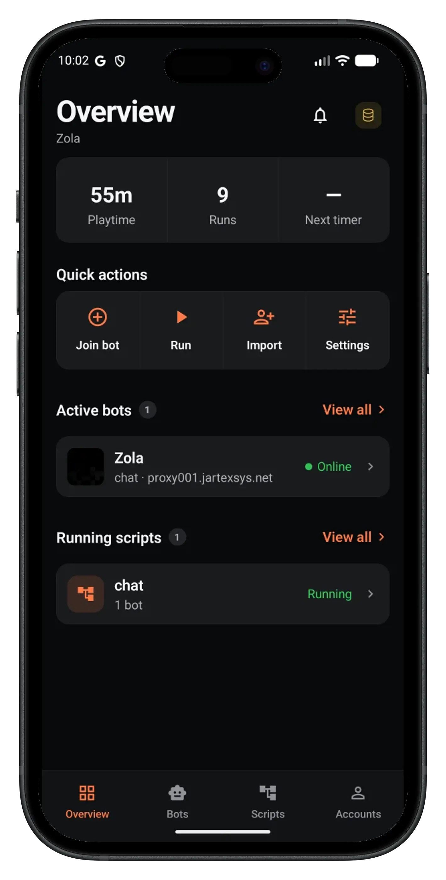 JNbot mobile overview of connected bots and scripts
